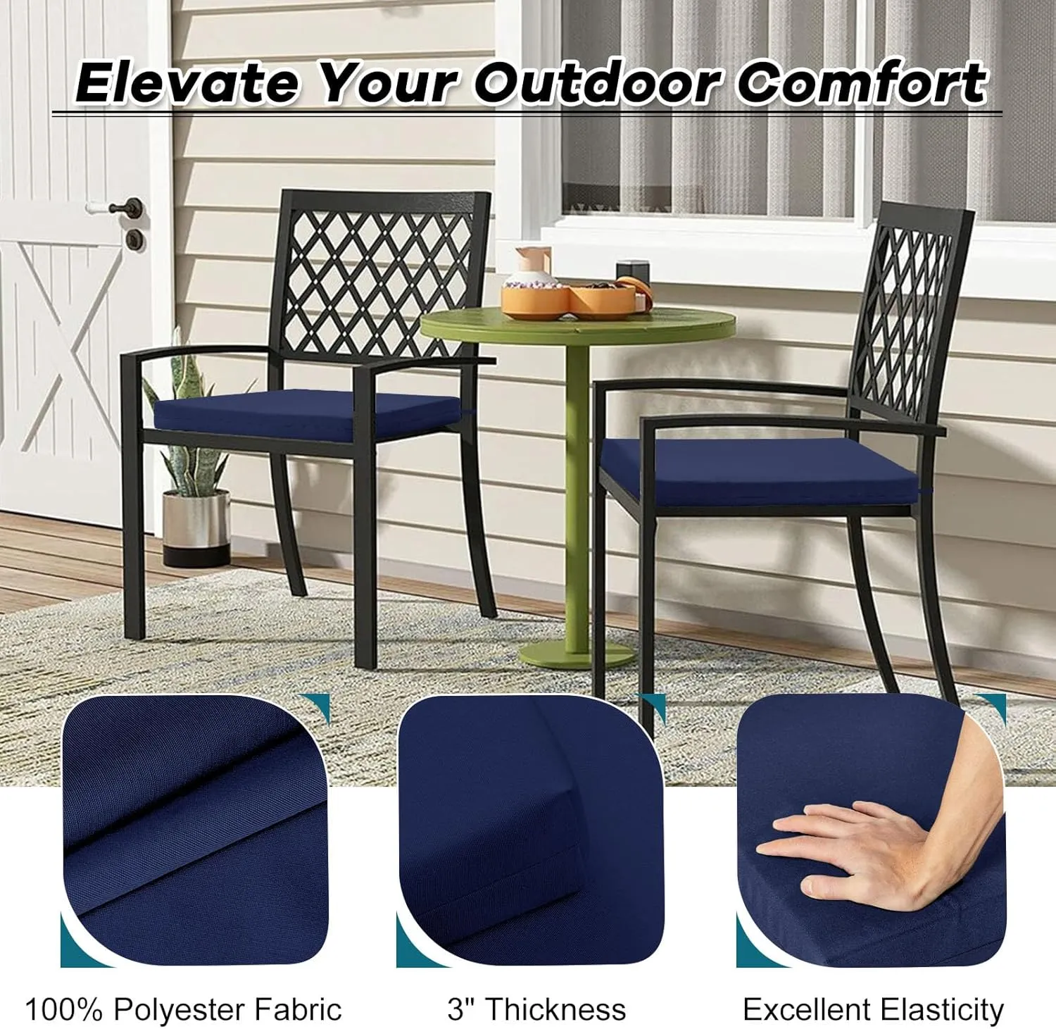 Basic Beyond Outdoor Chair Cushions Set of 4, Square Corner Outdoor Cushions for Patio Furniture, Water Resistant Patio Chair Cushions with 2 Ties, 18.5x16x3, Navy