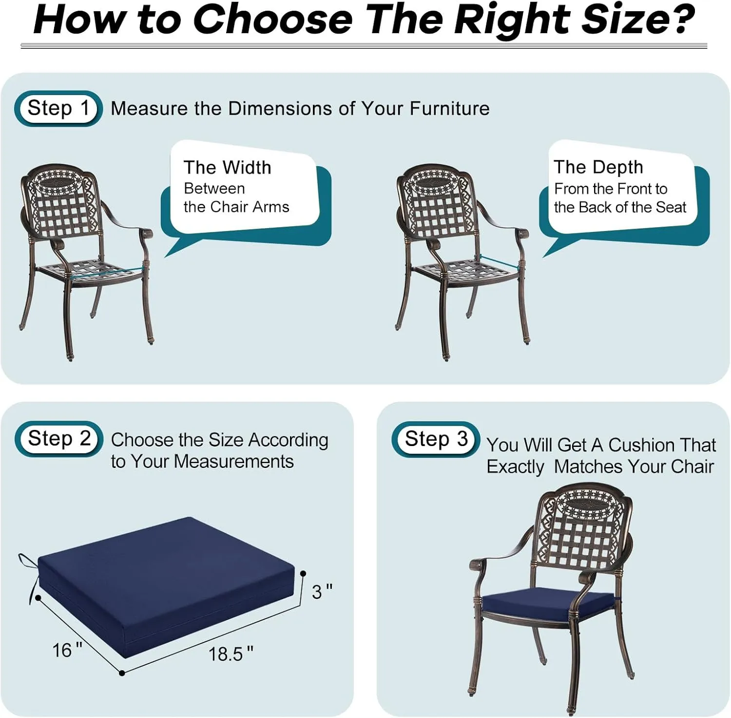 Basic Beyond Outdoor Chair Cushions Set of 4, Square Corner Outdoor Cushions for Patio Furniture, Water Resistant Patio Chair Cushions with 2 Ties, 18.5x16x3, Navy