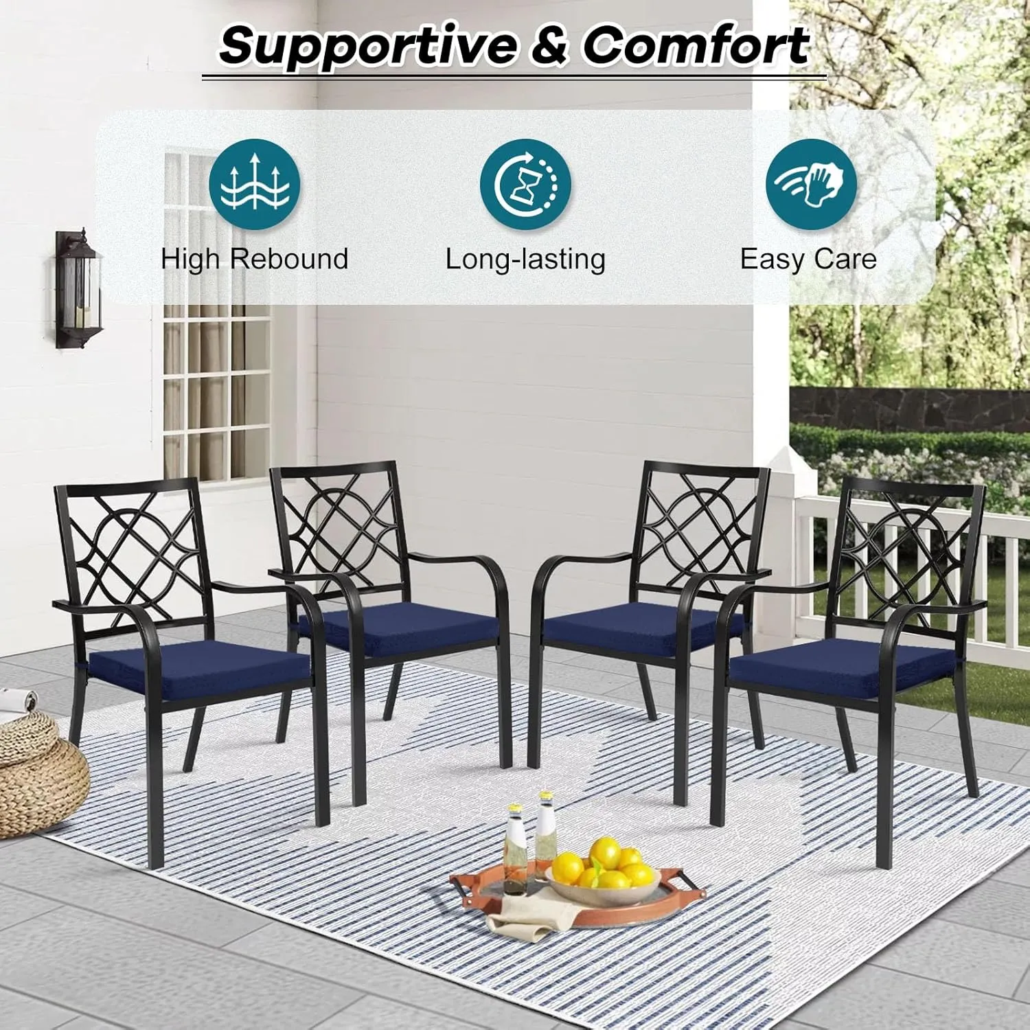 Basic Beyond Outdoor Chair Cushions Set of 4, Square Corner Outdoor Cushions for Patio Furniture, Water Resistant Patio Chair Cushions with 2 Ties, 18.5x16x3, Navy