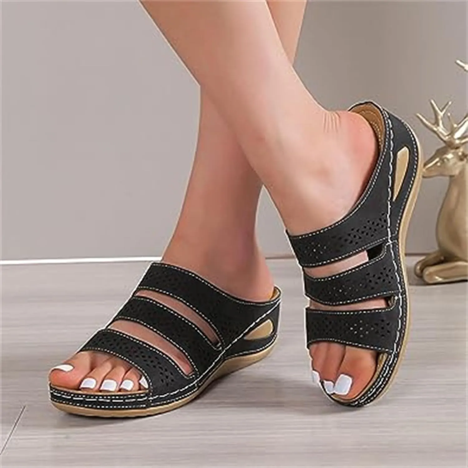 BBPM Orthopedic Sandals for Women Arch Support Open Toe Platform Slipper Peep Toe Hollow Out Slippers Roman Slip On Comfortable Walking Wedge Leather Beach Travel Shoes