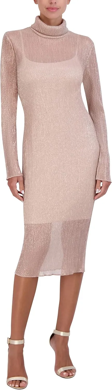BCBGMAXAZRIA Women's Fitted Bodycon Midi Dress Long Sleeve Mock Neck Pleated Glitter Mesh