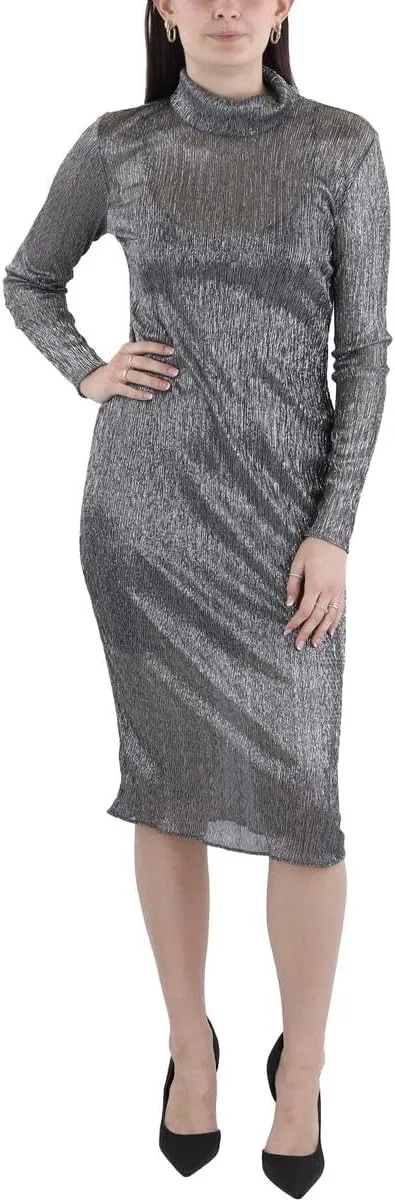 BCBGMAXAZRIA Women's Fitted Bodycon Midi Dress Long Sleeve Mock Neck Pleated Glitter Mesh