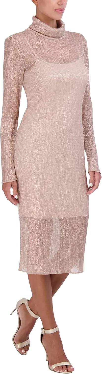 BCBGMAXAZRIA Women's Fitted Bodycon Midi Dress Long Sleeve Mock Neck Pleated Glitter Mesh
