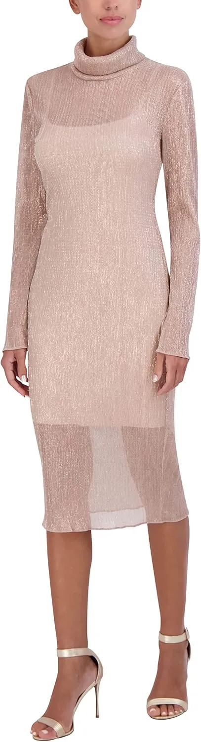 BCBGMAXAZRIA Women's Fitted Bodycon Midi Dress Long Sleeve Mock Neck Pleated Glitter Mesh