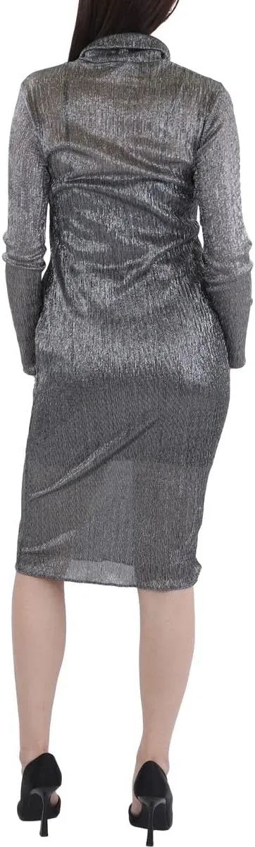 BCBGMAXAZRIA Women's Fitted Bodycon Midi Dress Long Sleeve Mock Neck Pleated Glitter Mesh