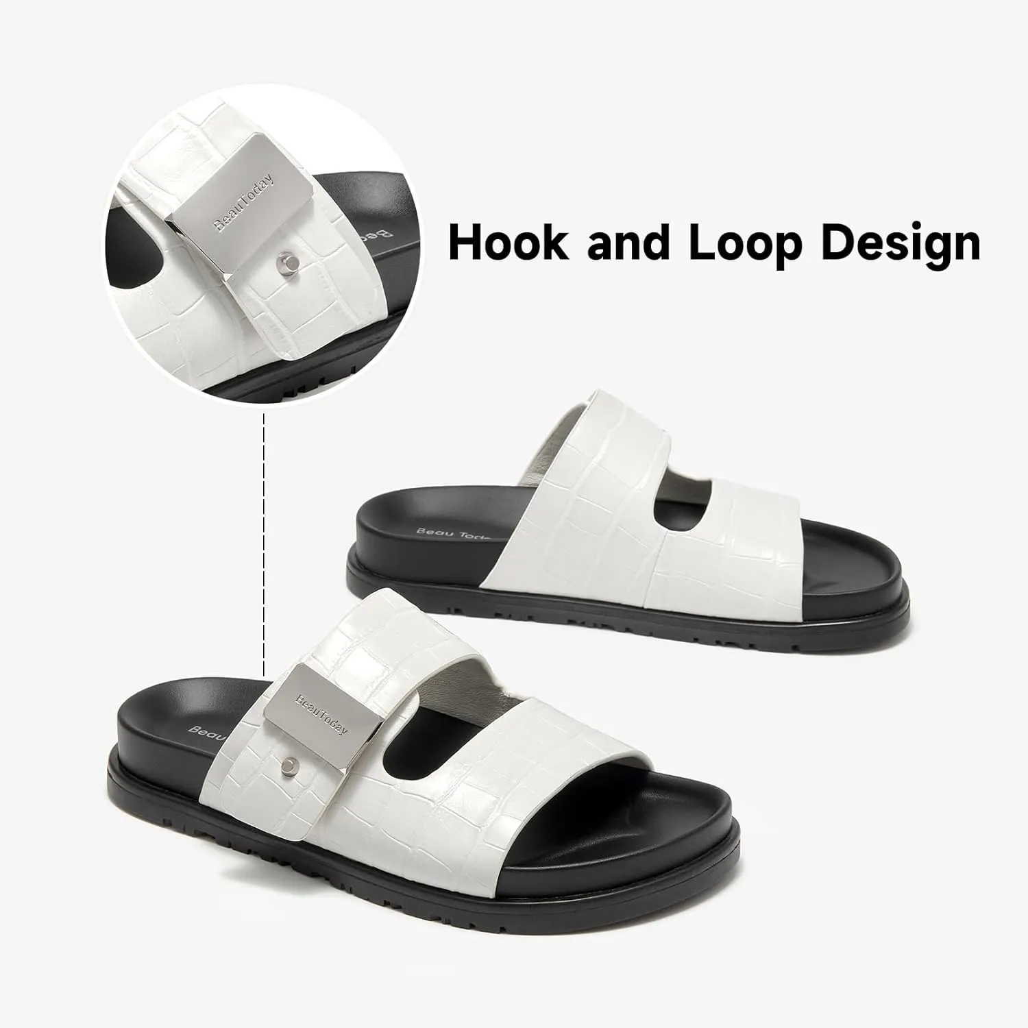 BEAU TODAY Flat Slide Sandals for Women Comfortable Footbed Sandals for Women Genuine Leather Slip on Fashion Strap Casua Dressy Beach Sandal