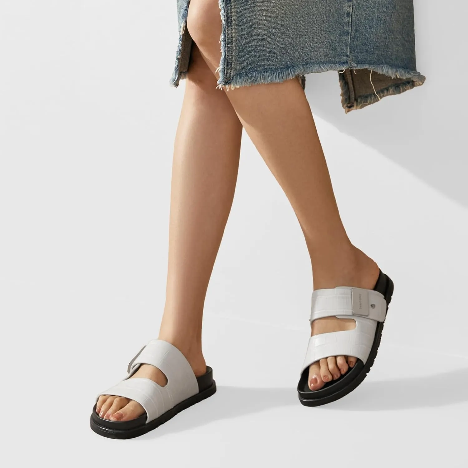 BEAU TODAY Flat Slide Sandals for Women Comfortable Footbed Sandals for Women Genuine Leather Slip on Fashion Strap Casua Dressy Beach Sandal