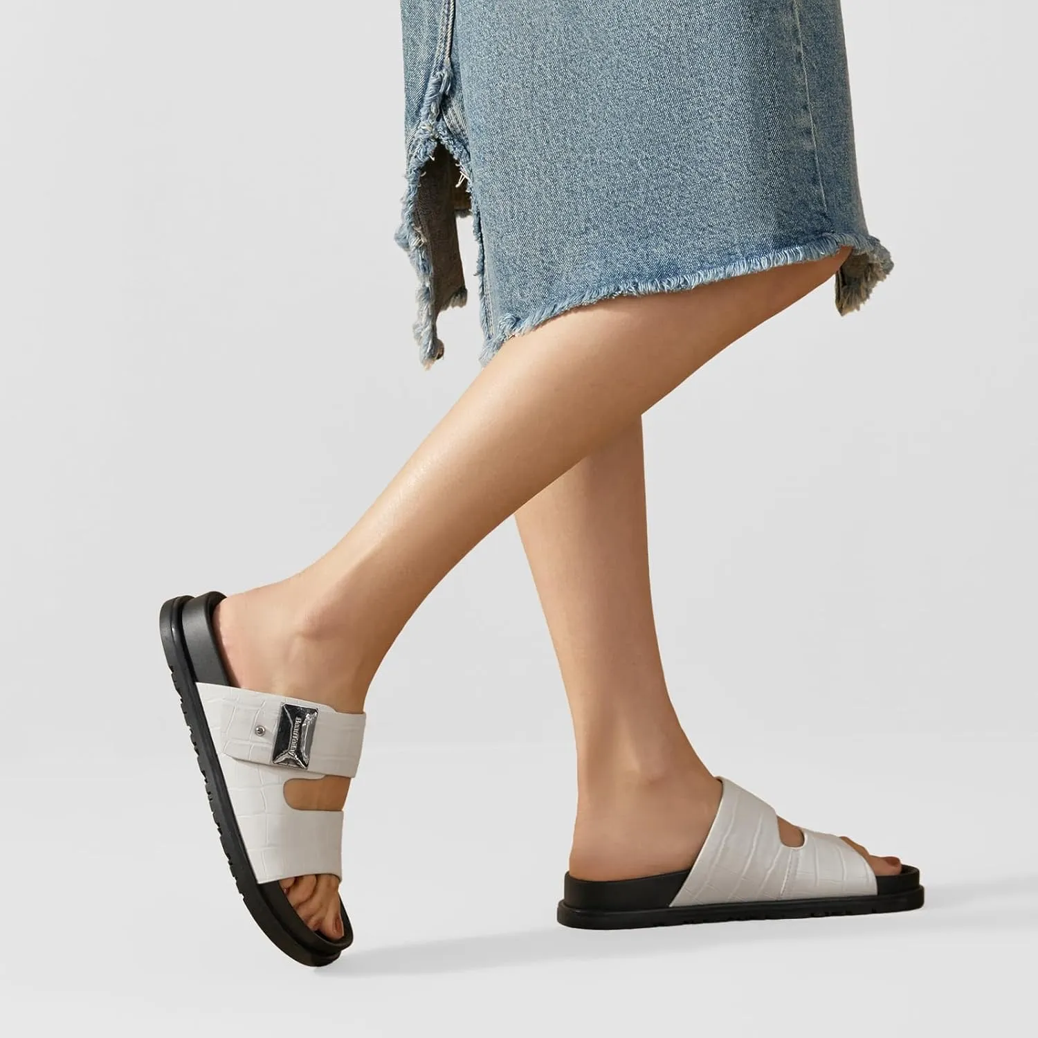 BEAU TODAY Flat Slide Sandals for Women Comfortable Footbed Sandals for Women Genuine Leather Slip on Fashion Strap Casua Dressy Beach Sandal