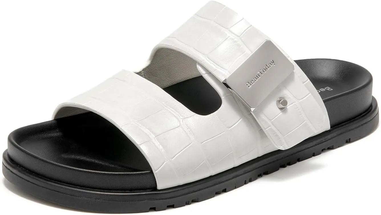 BEAU TODAY Flat Slide Sandals for Women Comfortable Footbed Sandals for Women Genuine Leather Slip on Fashion Strap Casua Dressy Beach Sandal