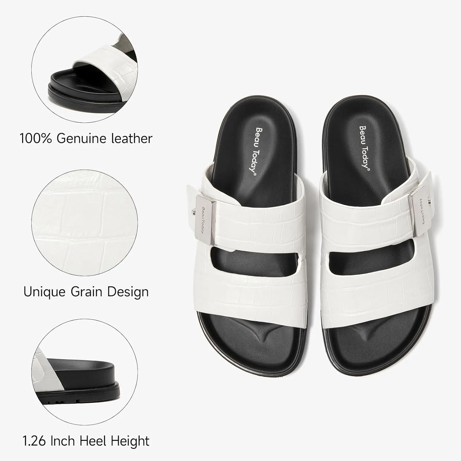 BEAU TODAY Flat Slide Sandals for Women Comfortable Footbed Sandals for Women Genuine Leather Slip on Fashion Strap Casua Dressy Beach Sandal
