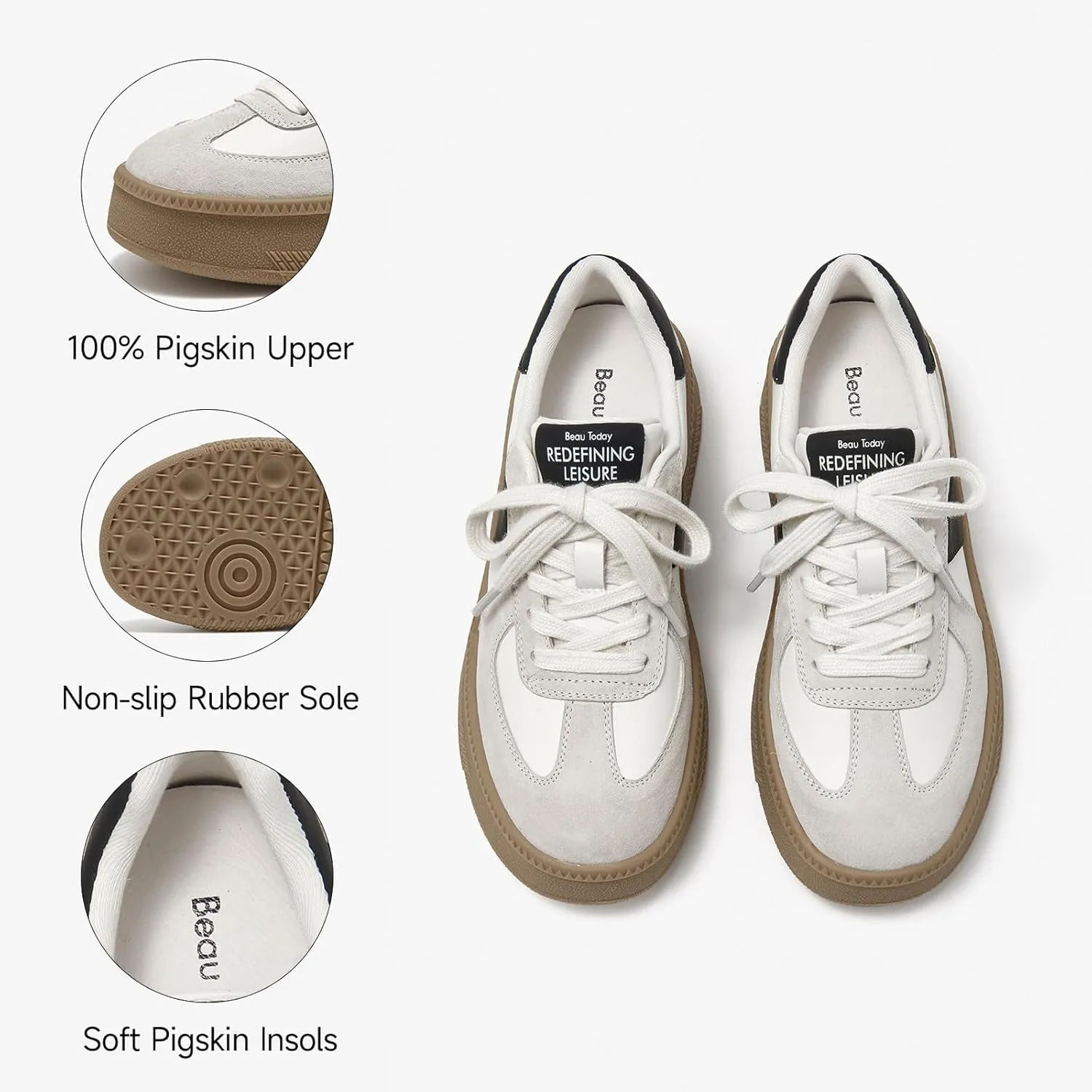 BEAU TODAY Women's Platform Fashion Sneakers, Classic Retro Trainers, Leather Casual Lace Up Skate Shoes, Comfortable Tennis Running Walking Shoes