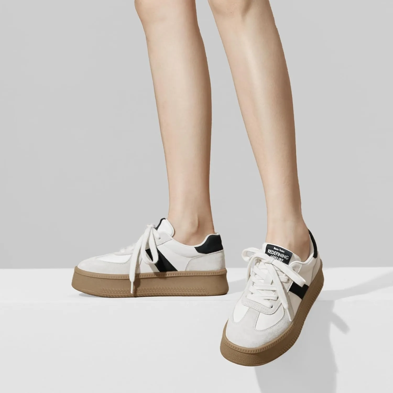 BEAU TODAY Women's Platform Fashion Sneakers, Classic Retro Trainers, Leather Casual Lace Up Skate Shoes, Comfortable Tennis Running Walking Shoes