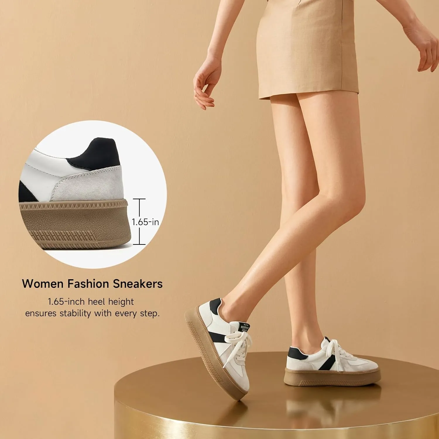 BEAU TODAY Women's Platform Fashion Sneakers, Classic Retro Trainers, Leather Casual Lace Up Skate Shoes, Comfortable Tennis Running Walking Shoes
