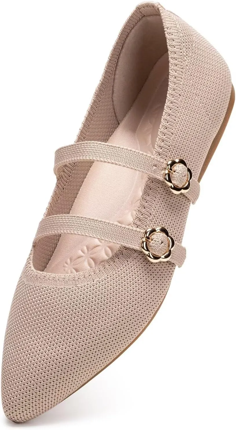 BEJINASH Women's Mary Jane Flat Dressy Knitted Shoes with Double Adjustable Strap Ballets Comfortable for Work Pointed Toe Flats Shoes for Women