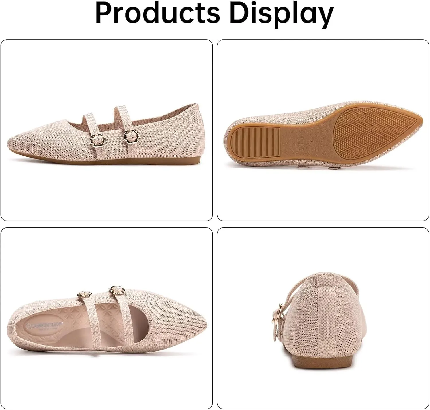 BEJINASH Women's Mary Jane Flat Dressy Knitted Shoes with Double Adjustable Strap Ballets Comfortable for Work Pointed Toe Flats Shoes for Women