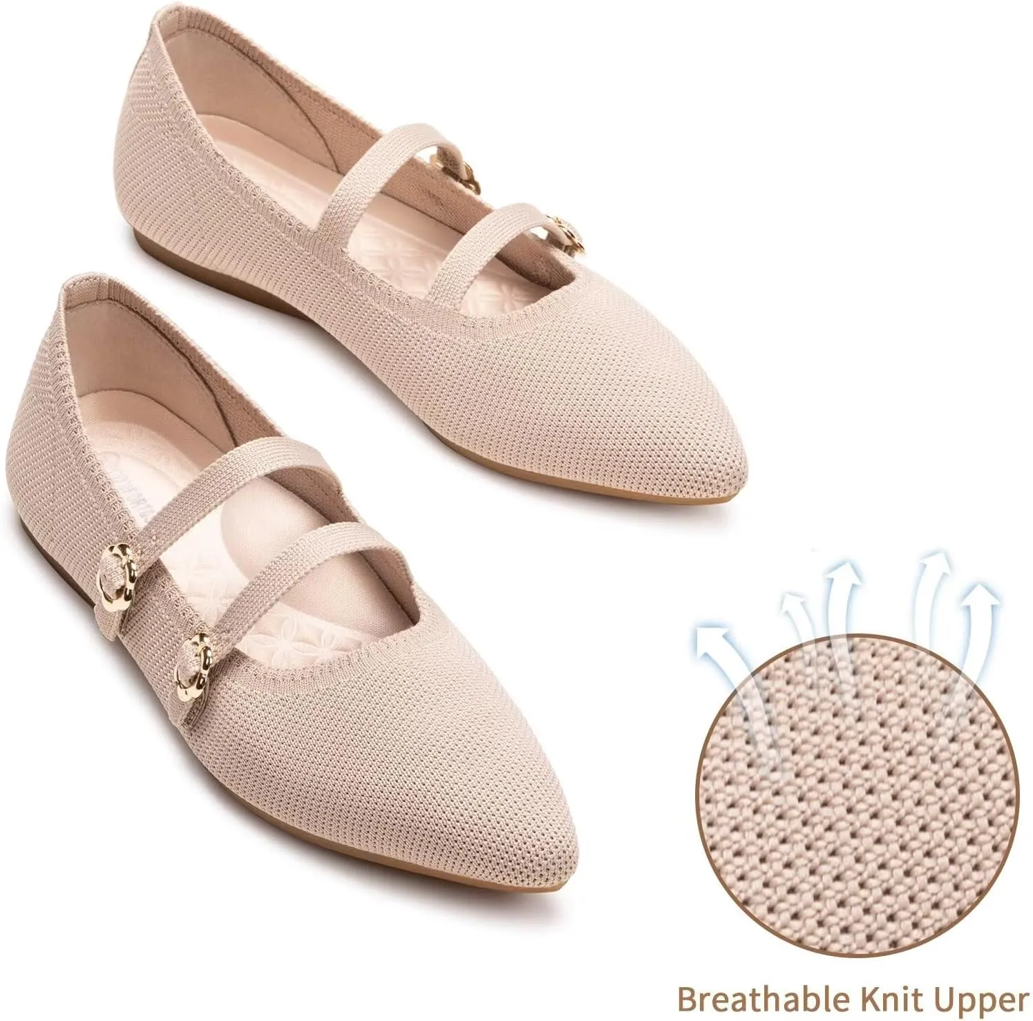 BEJINASH Women's Mary Jane Flat Dressy Knitted Shoes with Double Adjustable Strap Ballets Comfortable for Work Pointed Toe Flats Shoes for Women