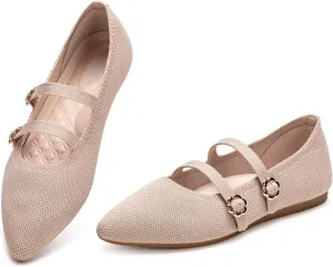 BEJINASH Women's Mary Jane Flat Dressy Knitted Shoes with Double Adjustable Strap Ballets Comfortable for Work Pointed Toe Flats Shoes for Women