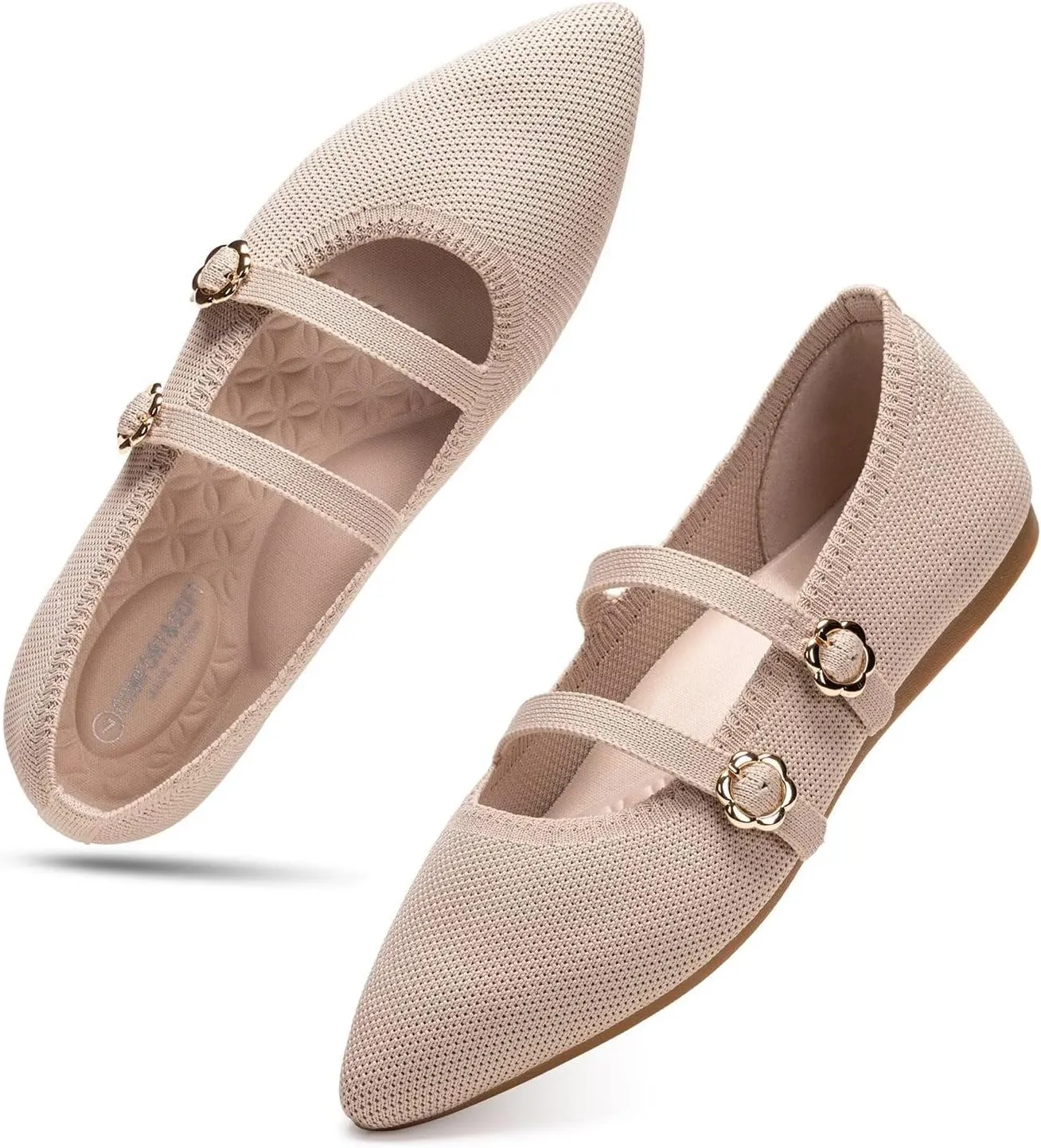 BEJINASH Women's Mary Jane Flat Dressy Knitted Shoes with Double Adjustable Strap Ballets Comfortable for Work Pointed Toe Flats Shoes for Women