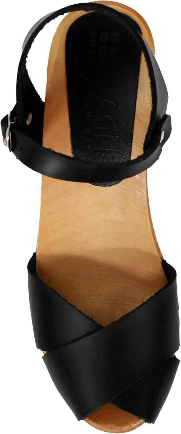 Bjork Women's Mid-Heel Wooden Leather Clog Sandals