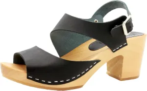 Bjork Women's Mid-Heel Wooden Leather Clog Sandals