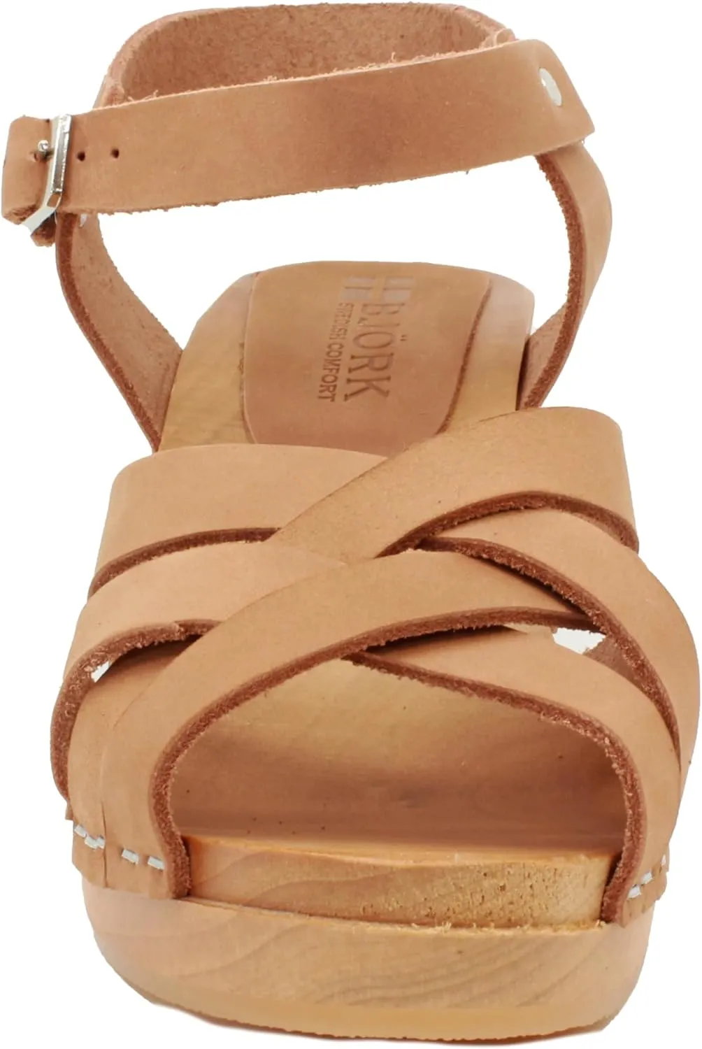 Bjork Women's Mid-Heel Wooden Leather Clog Sandals