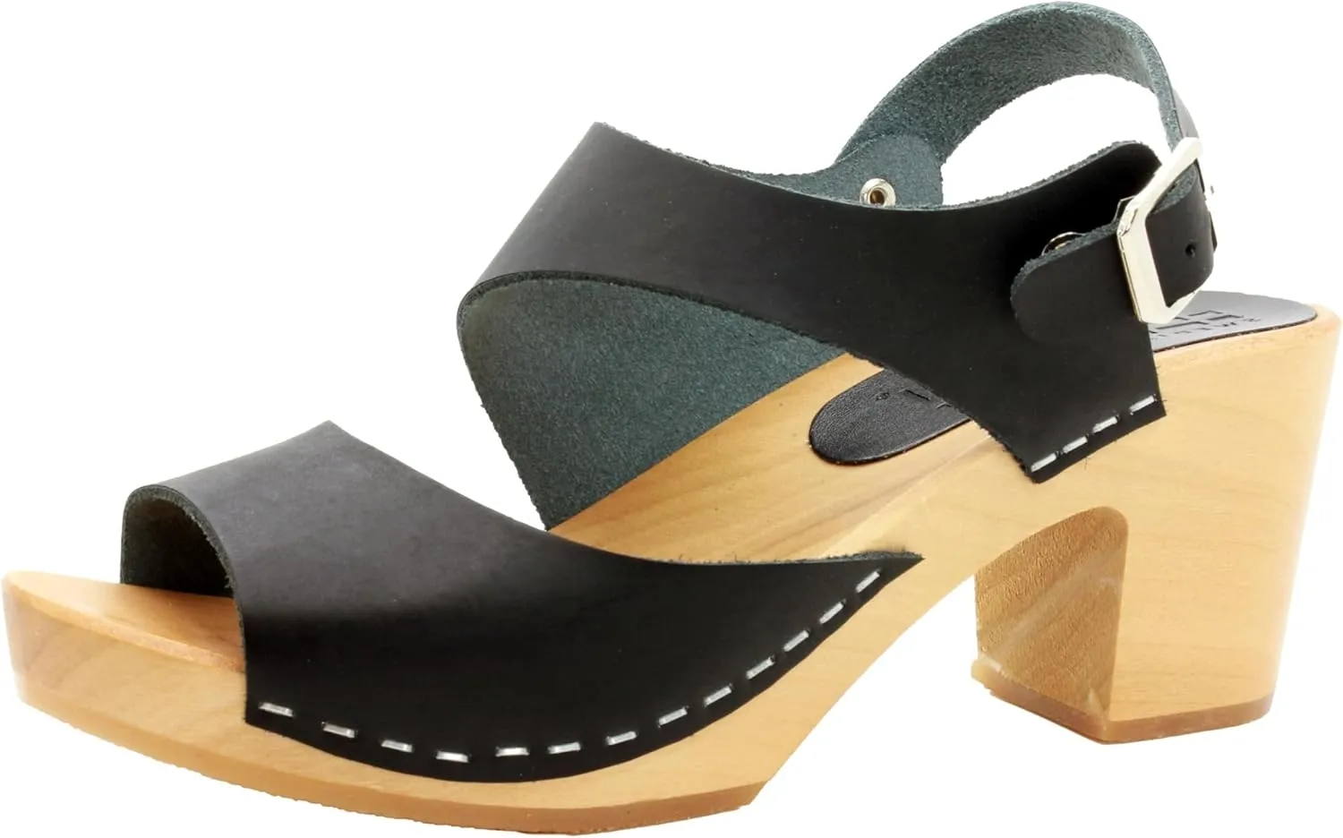 Bjork Women's Mid-Heel Wooden Leather Clog Sandals