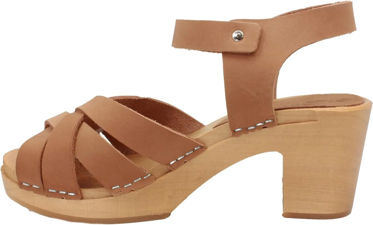 Bjork Women's Mid-Heel Wooden Leather Clog Sandals