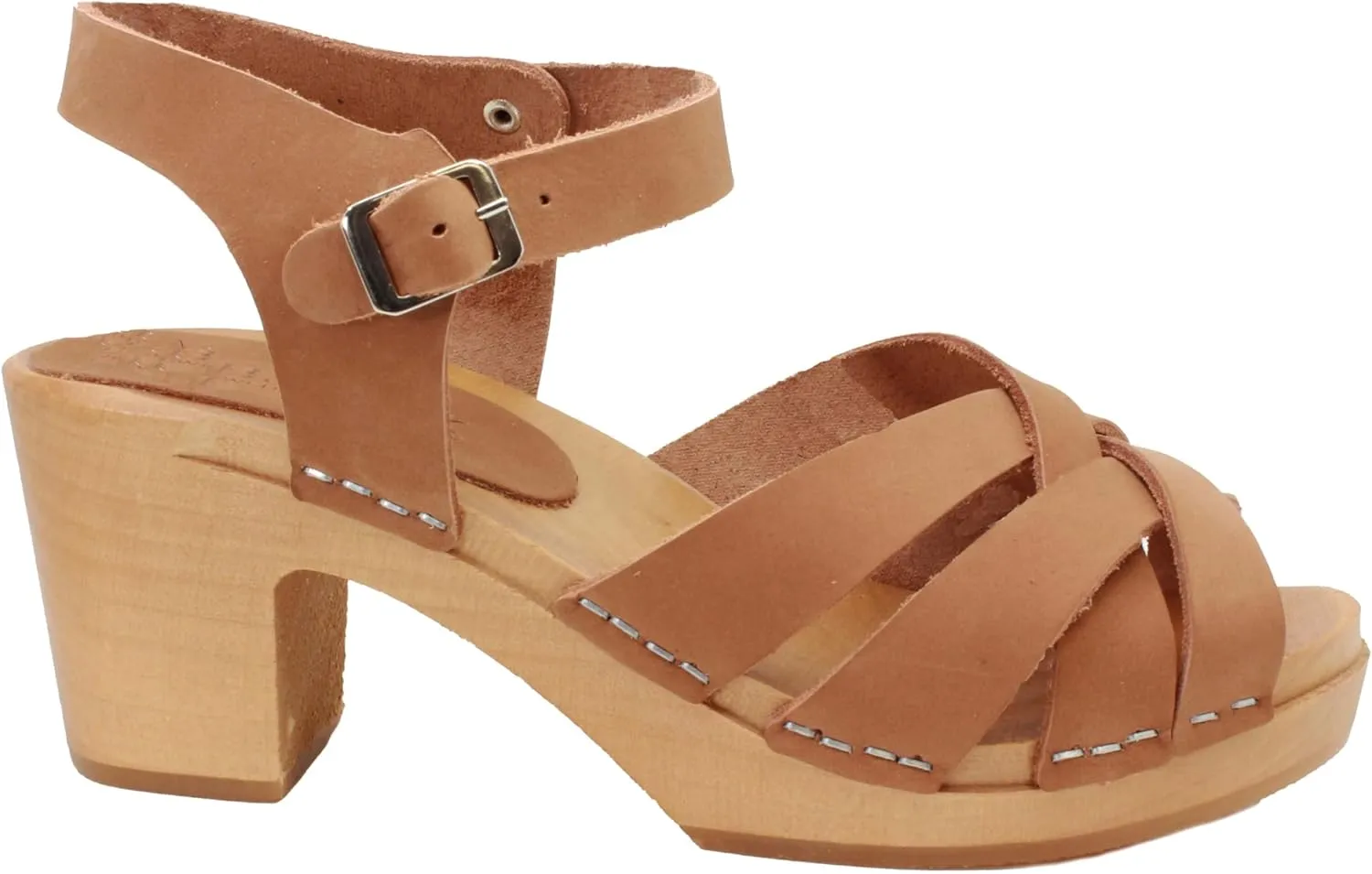 Bjork Women's Mid-Heel Wooden Leather Clog Sandals