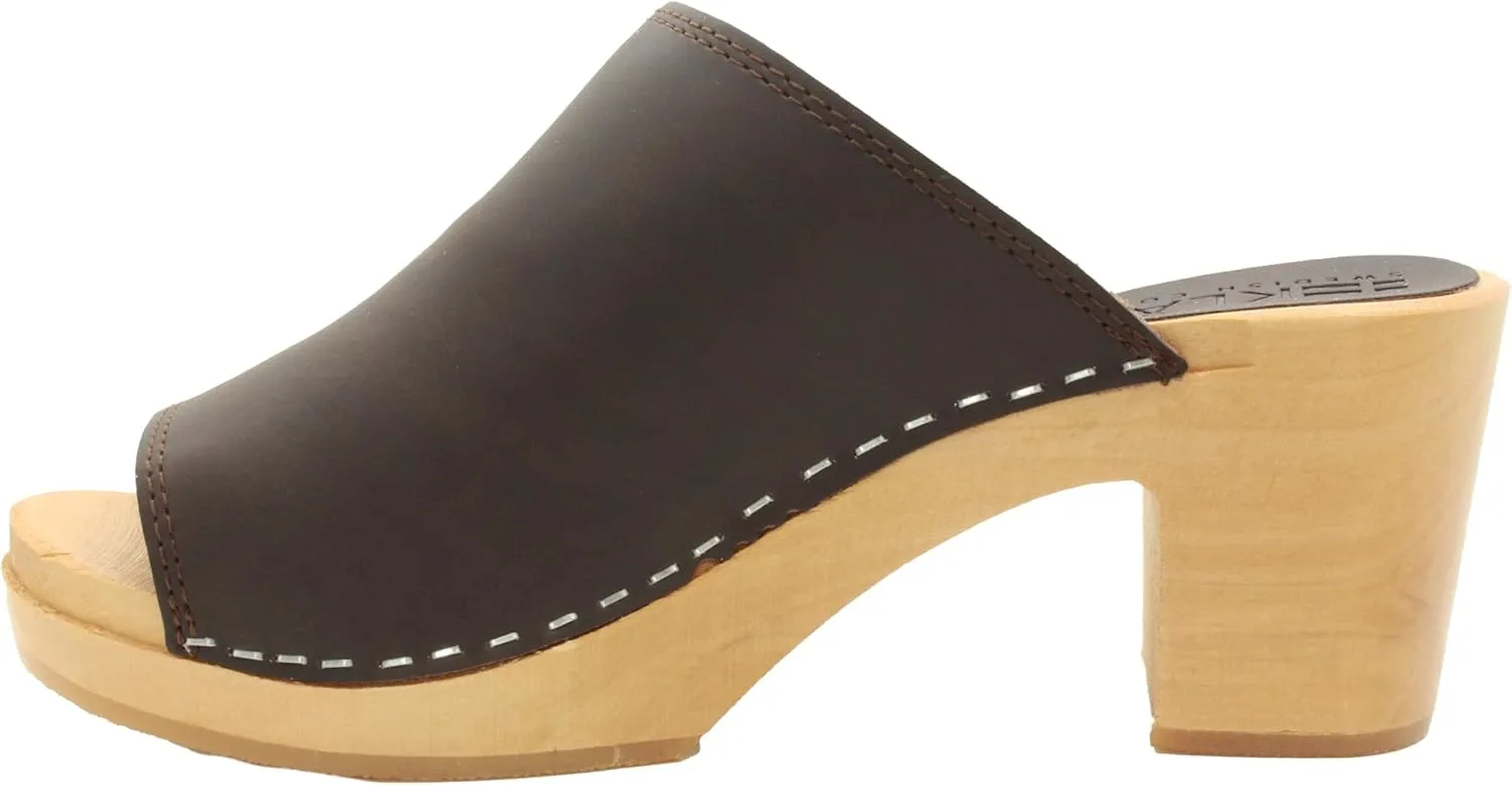 Bjork Women's Mid-Heel Wooden Leather Clog Sandals