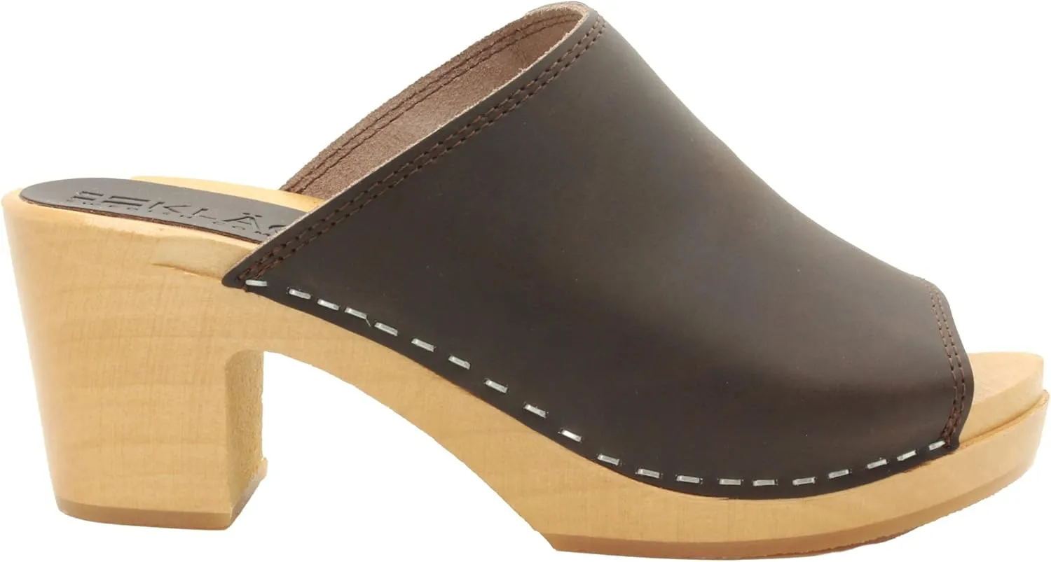 Bjork Women's Mid-Heel Wooden Leather Clog Sandals