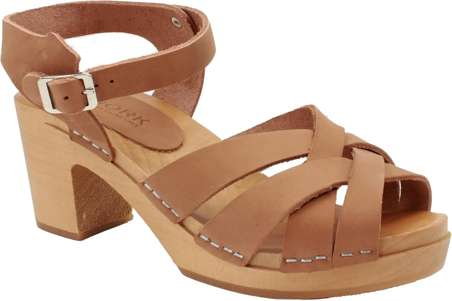 Bjork Women's Mid-Heel Wooden Leather Clog Sandals