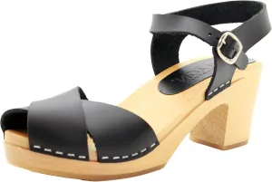 Bjork Women's Mid-Heel Wooden Leather Clog Sandals