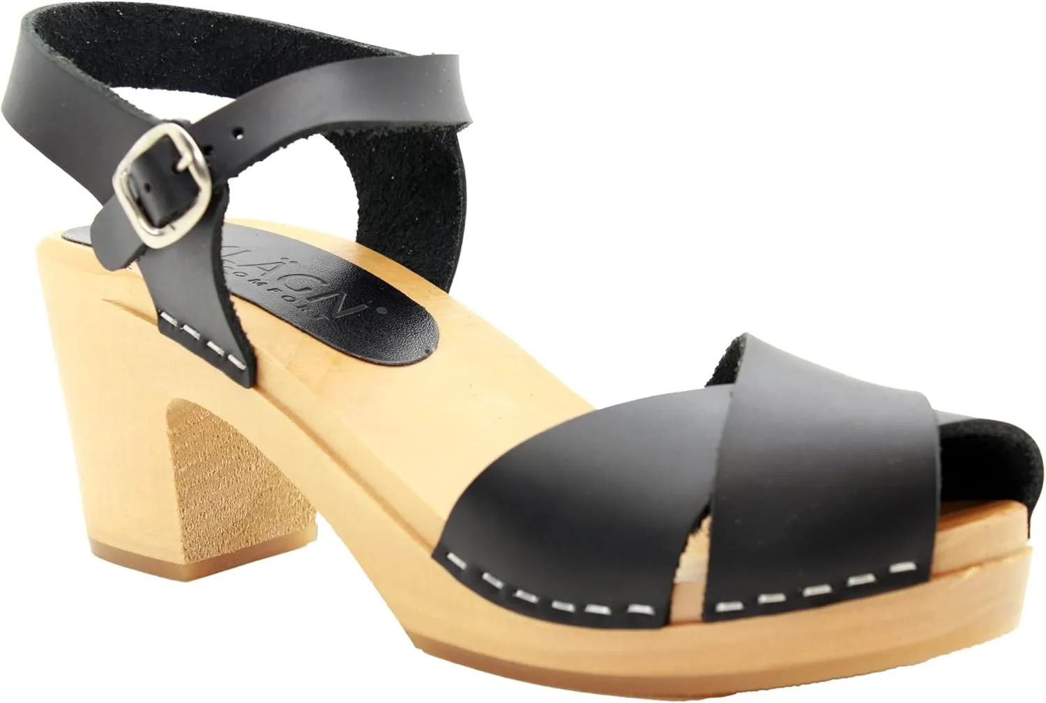 Bjork Women's Mid-Heel Wooden Leather Clog Sandals