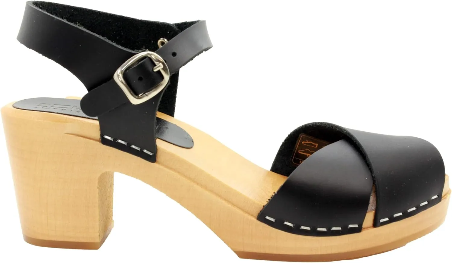 Bjork Women's Mid-Heel Wooden Leather Clog Sandals