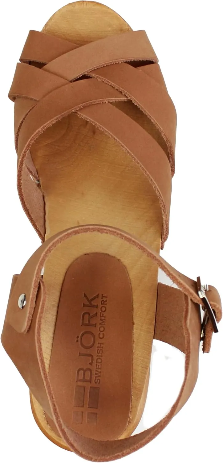 Bjork Women's Mid-Heel Wooden Leather Clog Sandals
