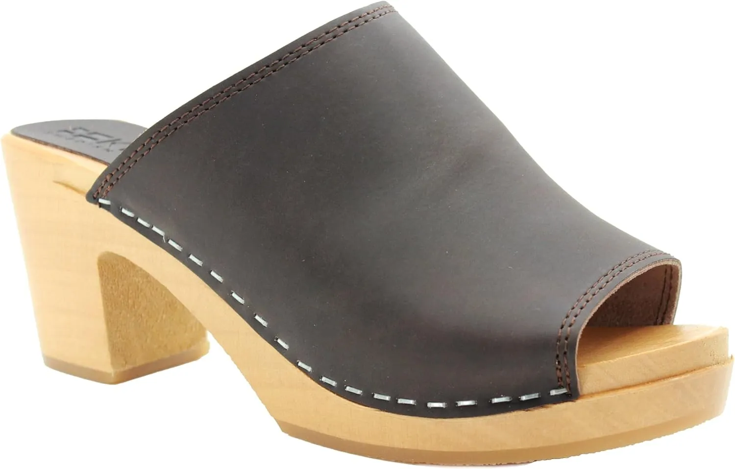 Bjork Women's Mid-Heel Wooden Leather Clog Sandals