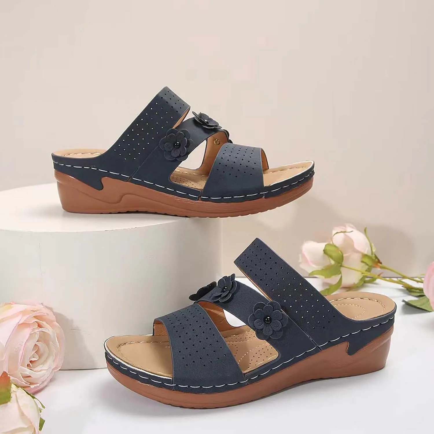 Bohemia Floral Flat Sandals 2024 T-Strap Summer Beach Glitter Beaded Elastic Flip-Flop Thong Shoes