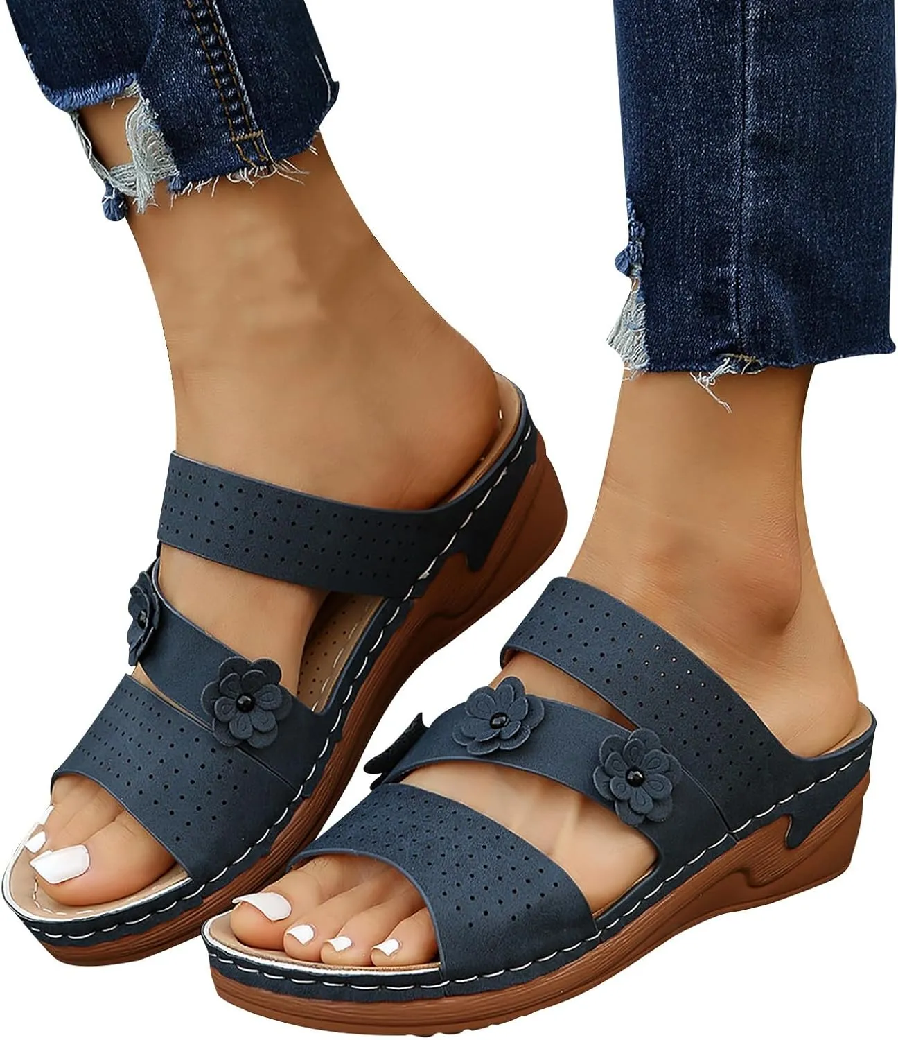 Bohemia Floral Flat Sandals 2024 T-Strap Summer Beach Glitter Beaded Elastic Flip-Flop Thong Shoes