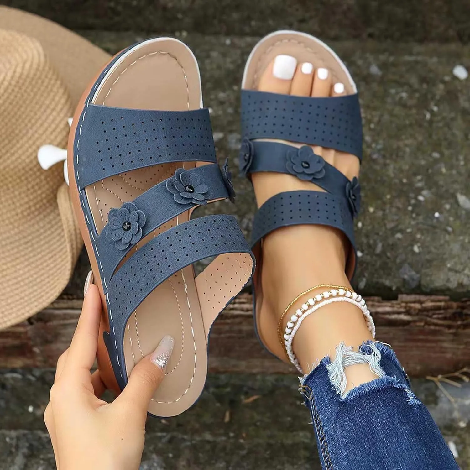 Bohemia Floral Flat Sandals 2024 T-Strap Summer Beach Glitter Beaded Elastic Flip-Flop Thong Shoes