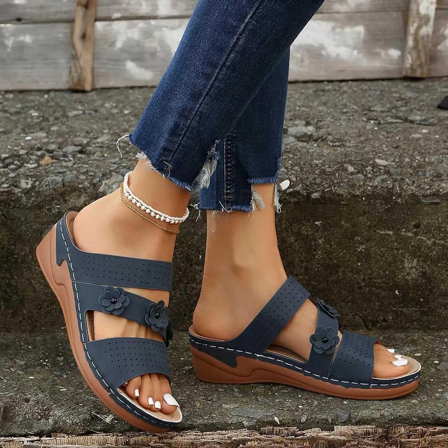 Bohemia Floral Flat Sandals 2024 T-Strap Summer Beach Glitter Beaded Elastic Flip-Flop Thong Shoes