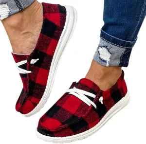 Buffalo Plaid Slip On Shoes,Flat Sole Lace up Casual Canvas Shoes for Women Christmas Casual Sneaker Ladies Driving Loafers (Red,8-8.5)