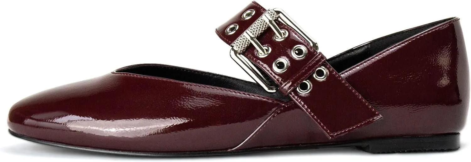 Burgundy Flats for Women Round Toe Mesh Ballet Mary Janes Adjustable Buckle Strap Casul Ballerina Dress Shoes Red 8
