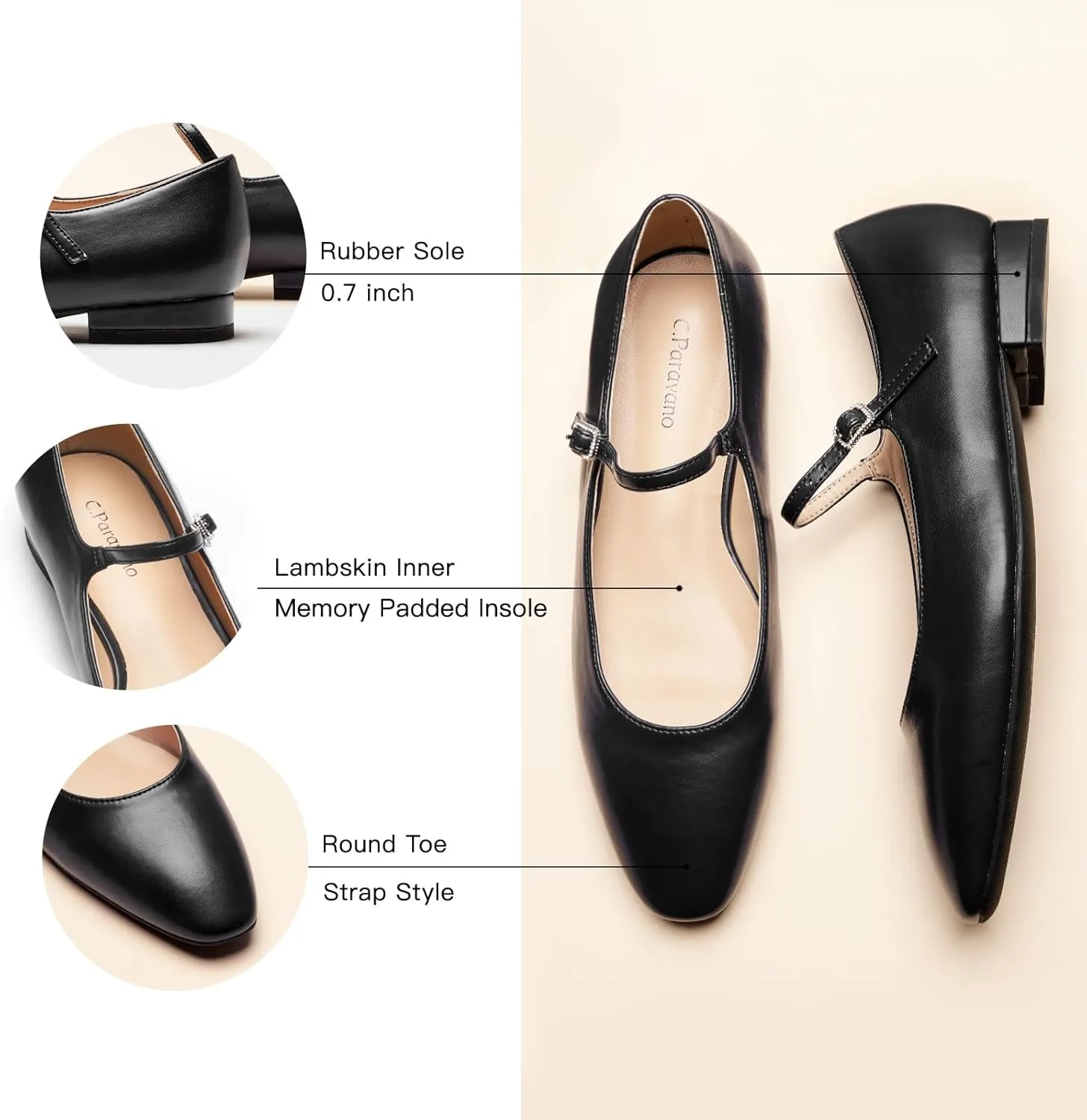 C. Paravano Women's Mary Jane Flats | Round Toe Leather Ballet Flats with Adjustable Strap, Dressy and Casual Shoes for Office,Travel,Bridal, Church,Business Meetings & Daily Wear