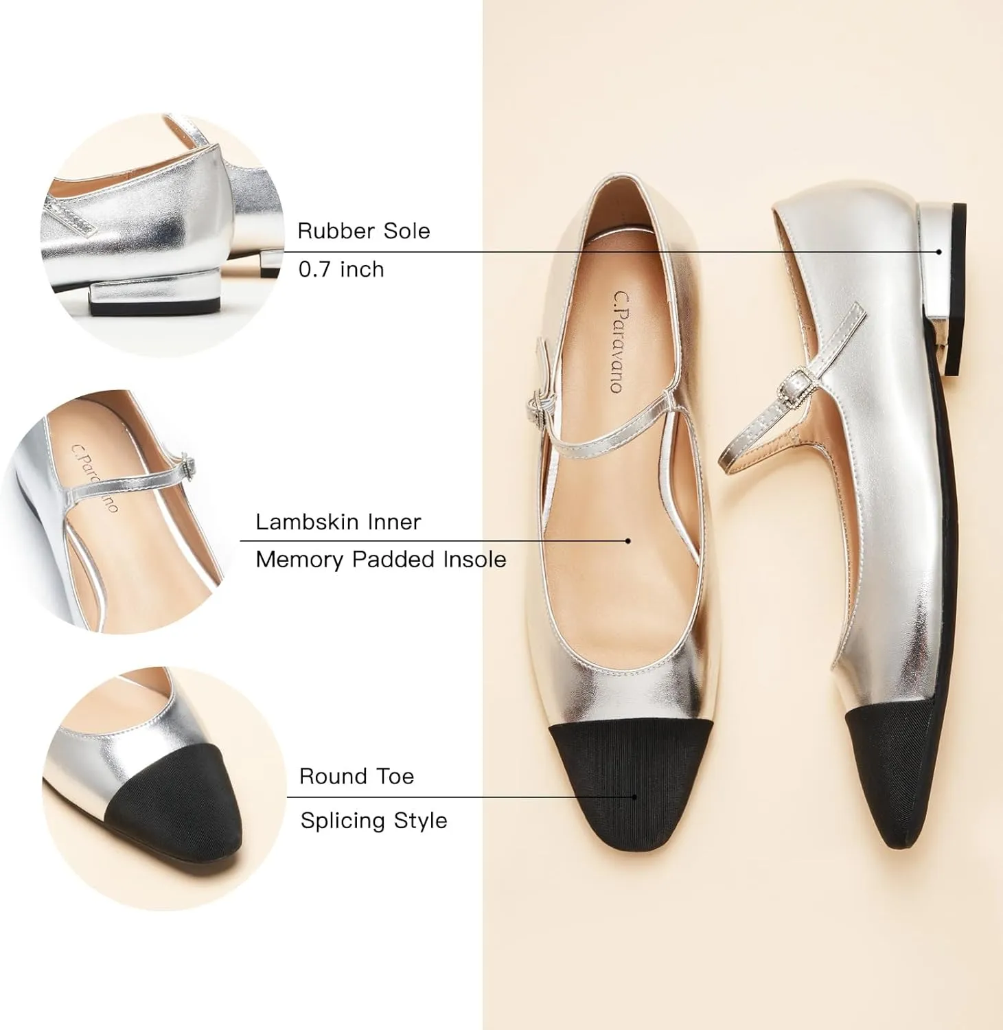 C. Paravano Women's Mary Jane Flats | Round Toe Leather Ballet Flats with Adjustable Strap, Dressy and Casual Shoes for Office,Travel,Bridal, Church,Business Meetings & Daily Wear
