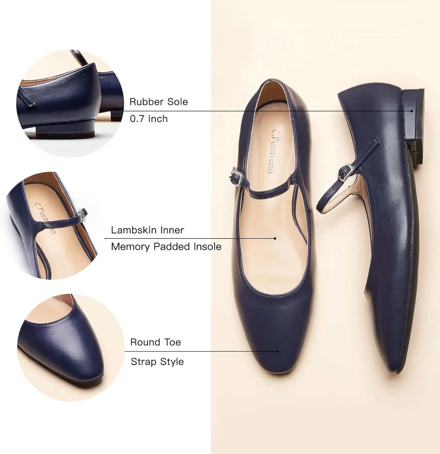 C. Paravano Women's Mary Jane Flats | Round Toe Leather Ballet Flats with Adjustable Strap, Dressy and Casual Shoes for Office,Travel,Bridal, Church,Business Meetings & Daily Wear