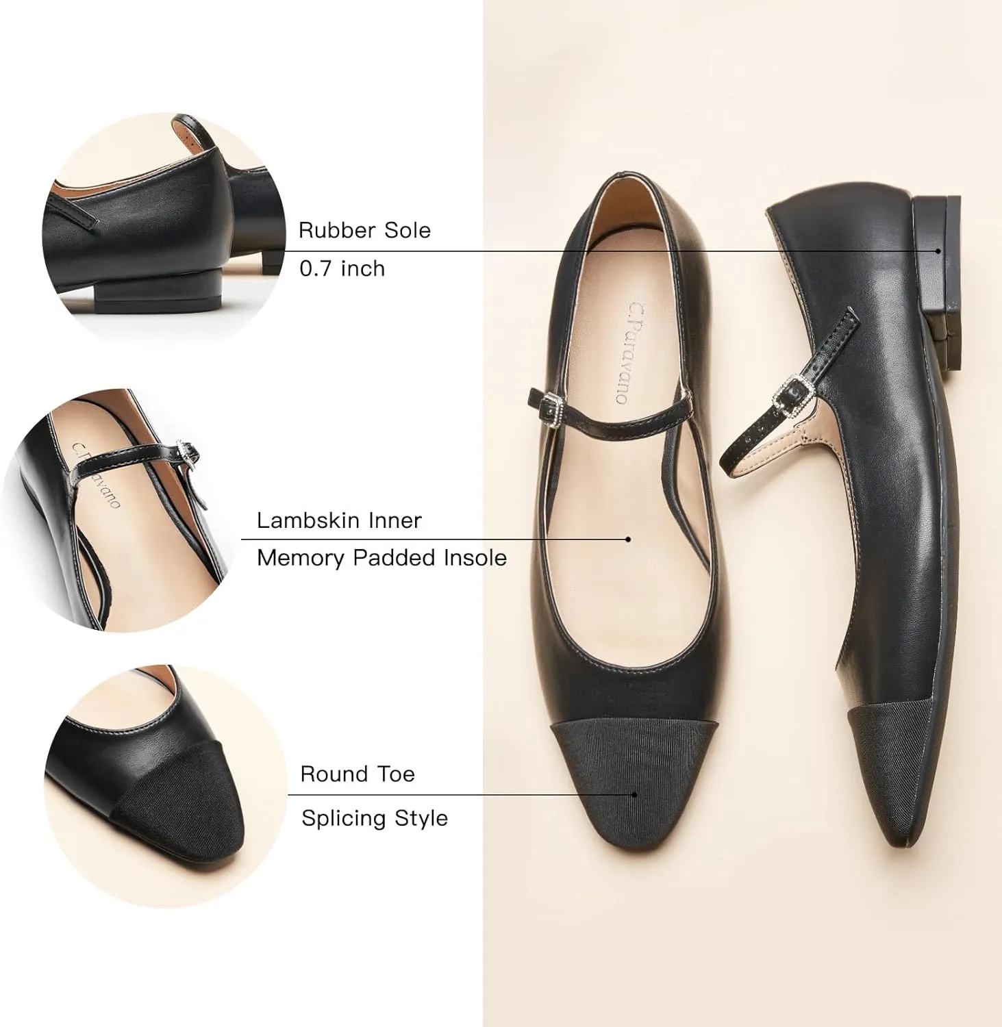 C. Paravano Women's Mary Jane Flats | Round Toe Leather Ballet Flats with Adjustable Strap, Dressy and Casual Shoes for Office,Travel,Bridal, Church,Business Meetings & Daily Wear