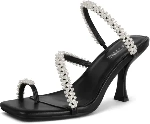 Carcuume Women's Square Toe Heeled Sandals Strappy Kitten Heels