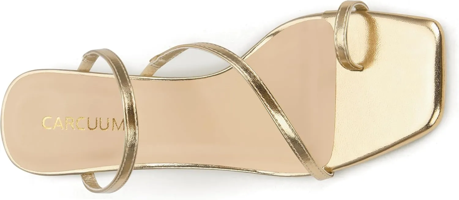Carcuume Women's Square Toe Heeled Sandals Strappy Kitten Heels