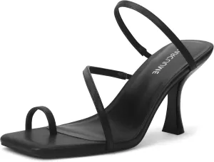 Carcuume Women's Square Toe Heeled Sandals Strappy Kitten Heels