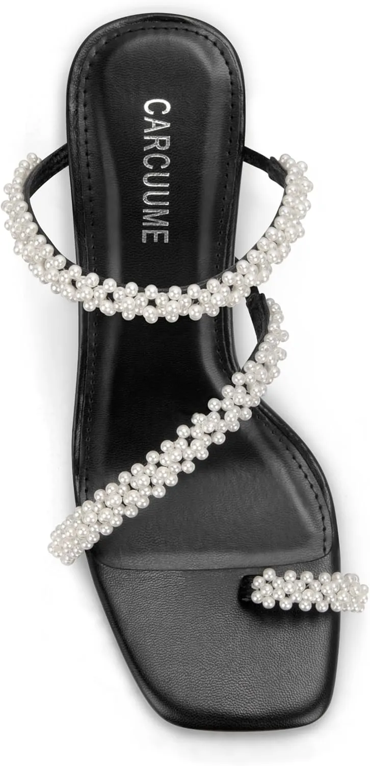 Carcuume Women's Square Toe Heeled Sandals Strappy Kitten Heels